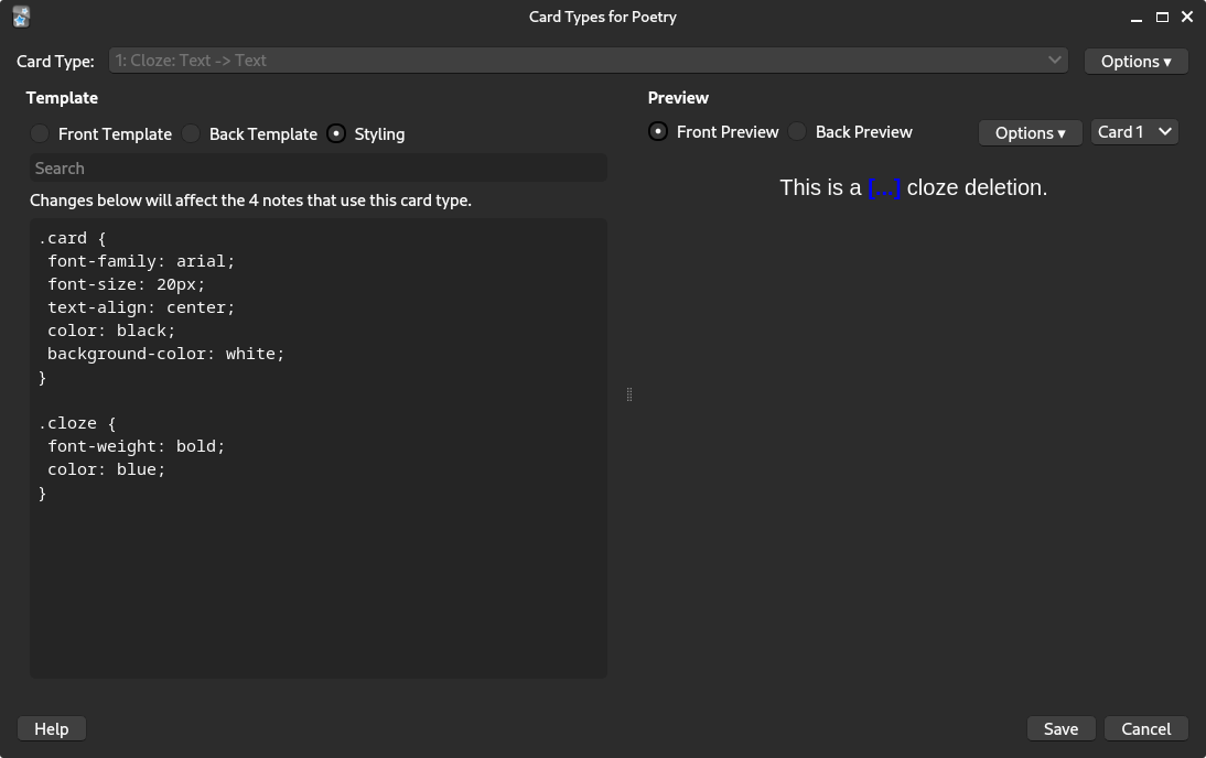 Anki dialog with settings for a particular card type