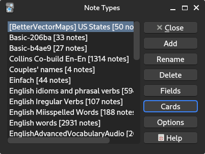 Anki dialog with a list of note types and various buttons to edit them