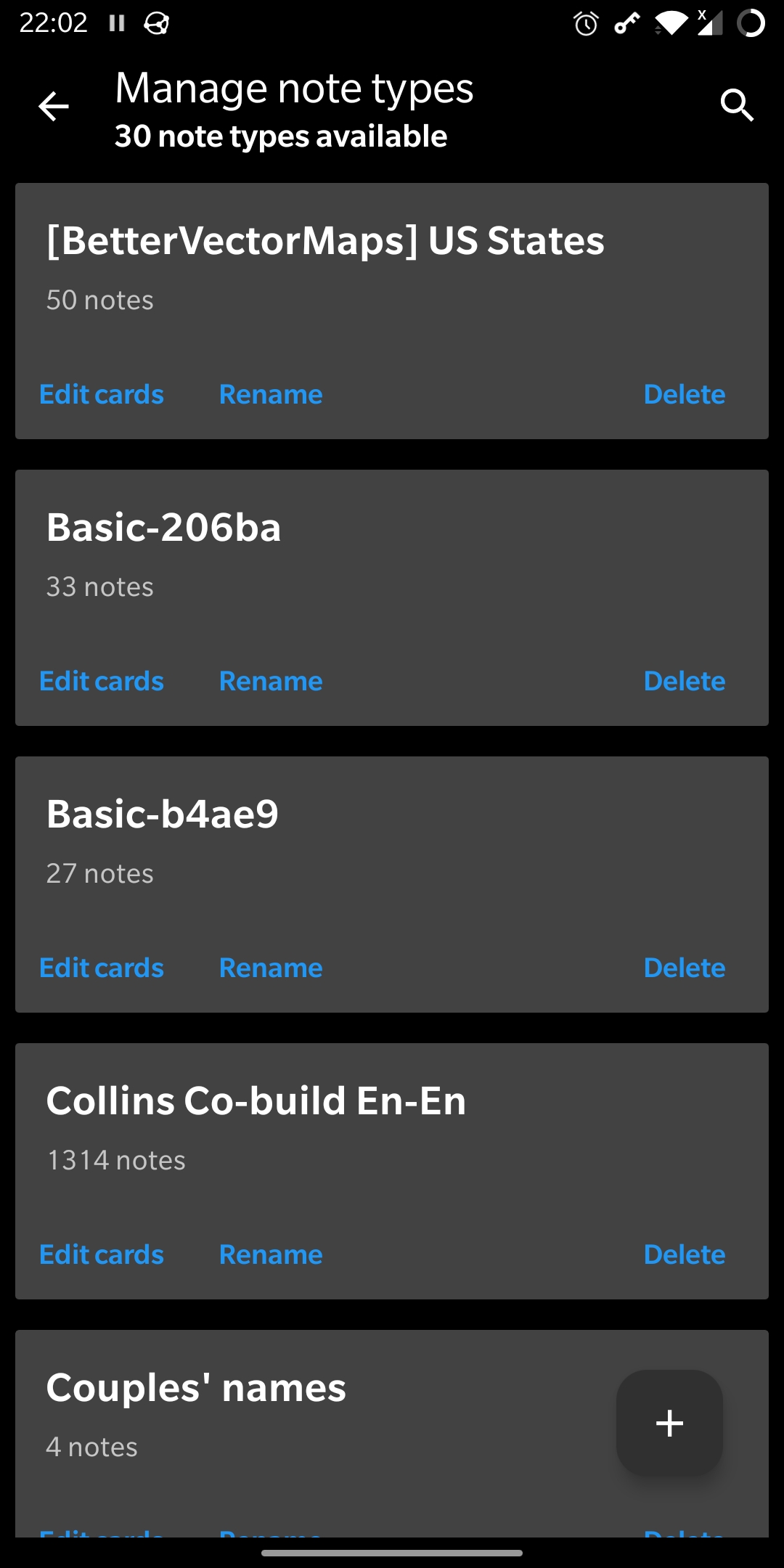 AnkiDroid dialog with a list of note types