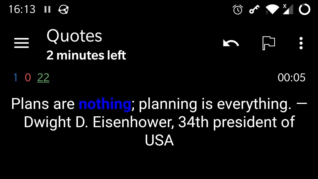 White text on black background saying: "Plans are nothing; planning is everything. — Dwight D. Eisenhower, 34th president of USA". The word "nothing" is highlighted in dark blue, which is extremely hard to read on a black background